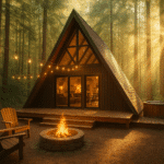 Cozy cabin in serene forest setting, one of the unique A-Frame stays recommended by Atlas + Wild for an experiential experience.