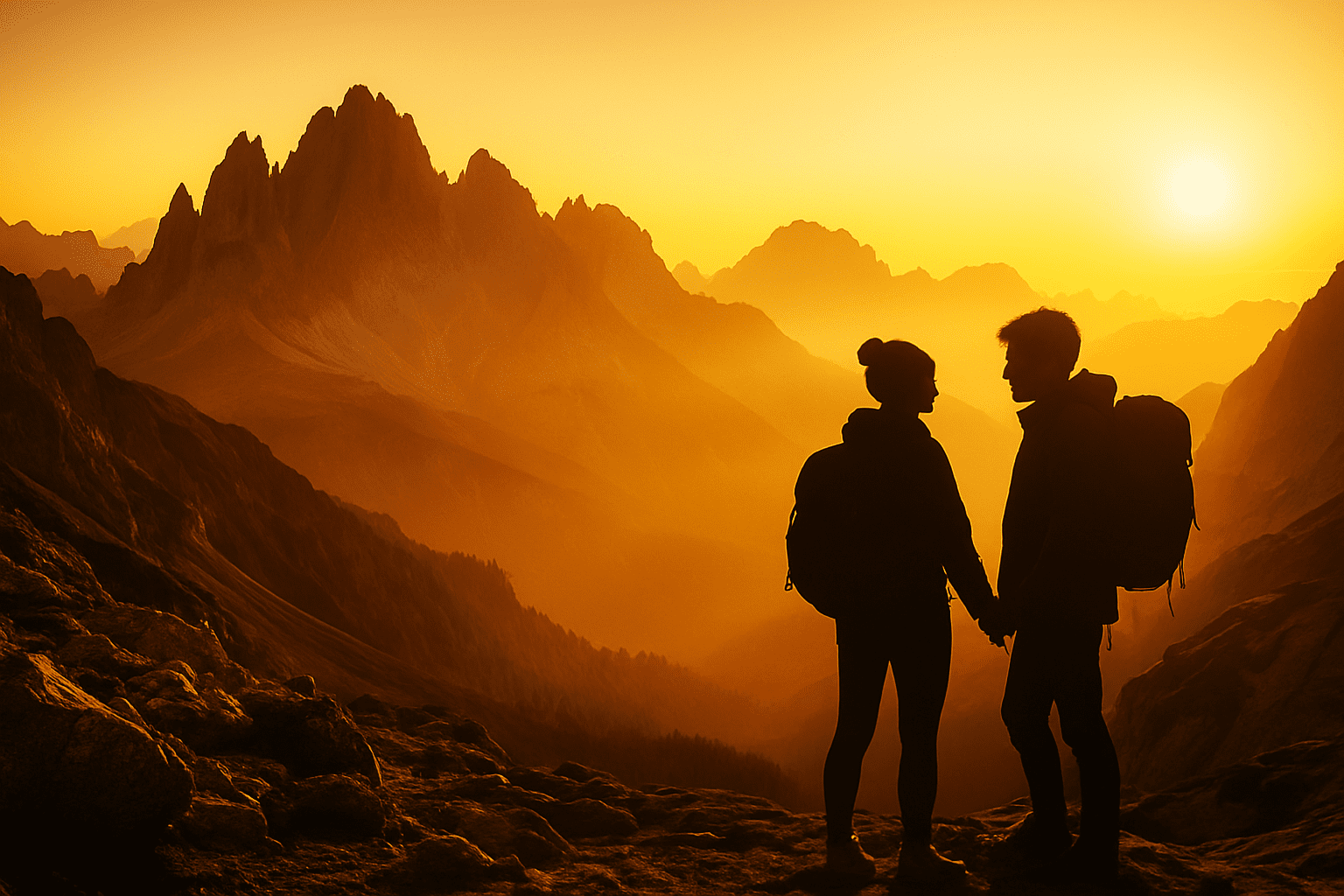 IPlanning a trip goes beyond just booking flights and hotels—it’s about choosing the right adventure and pairing it with a unique stay that makes your getaway truly personal. mage of a hiking couple at sunset in the sillouette of the golden glow of the mountains