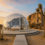 Adventure Travel Planning: An image of a see-through geodesic dome in the desert of Joshua Tree, California, sitting on a wooden plank with a path to it, rock outcroppings in the background. The inside of the dome shows a bed, with a clear view of the desert sky and a beautiful sunset in the sky