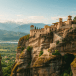 if you are looking for off-the-beaten-path travel, with adventure and unique stays, start here. Meteora, Greece is set on cliffs, a landscape like no other. With blue skies and a valley far below built on naturally imposing sandstone pillars, with Orthodox monasteries