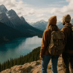 Gen Z and Millennial Travel: a couple enjoying a mountain view in Banff, Canada, wearing backpacks, looking for experiential travel
