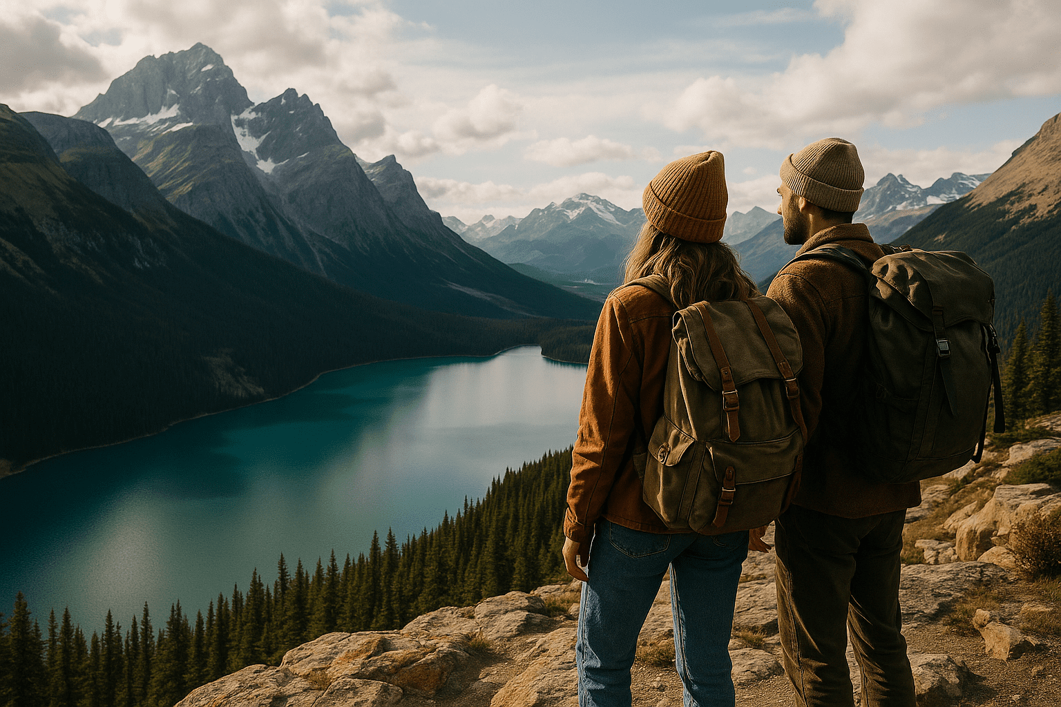Gen Z and Millennial Travel: a couple enjoying a mountain view in Banff, Canada, wearing backpacks, looking for experiential travel