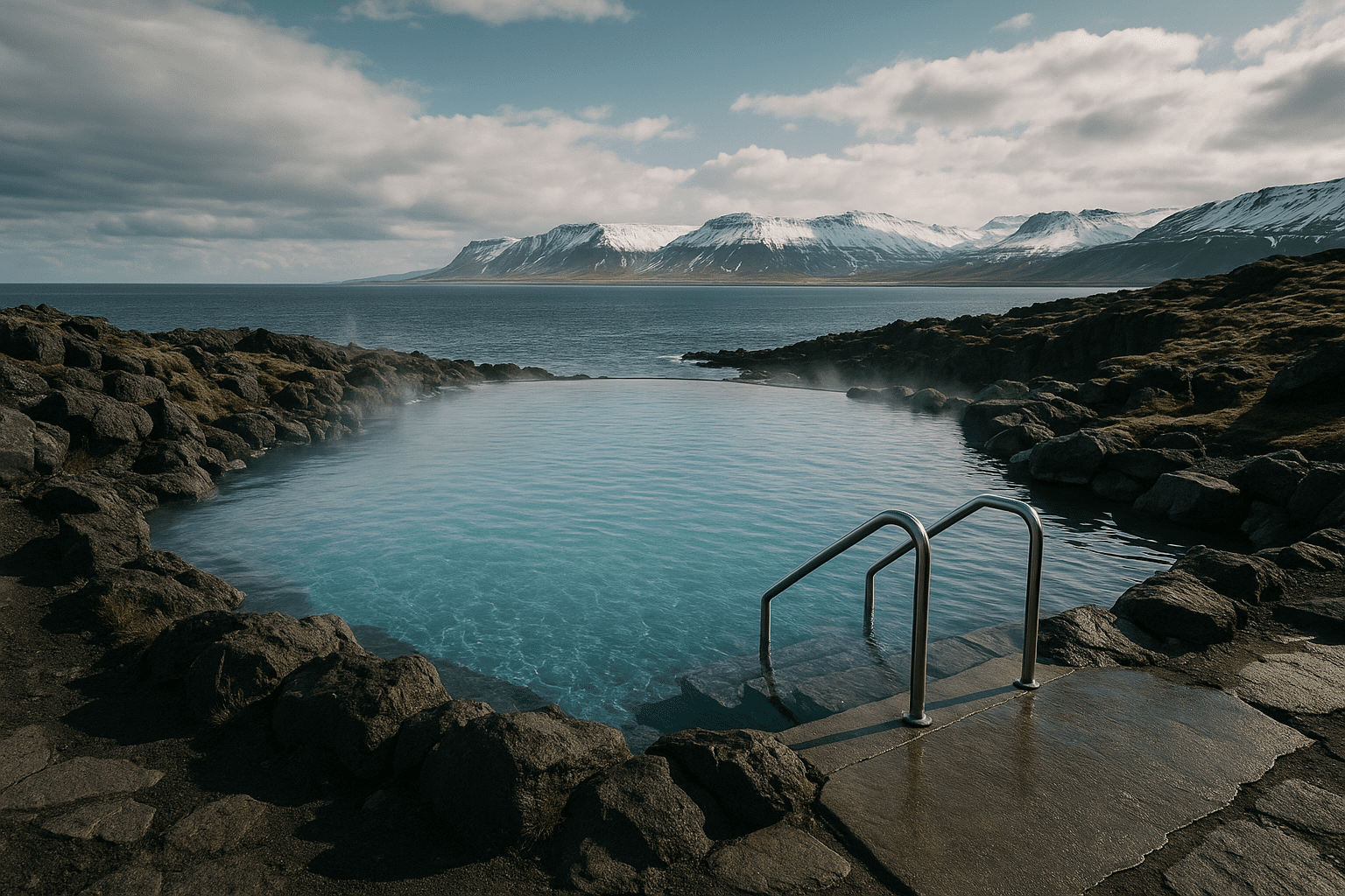 Iceland Hot Springs Serene hot springs by ocean with snowcapped mountains in the distance