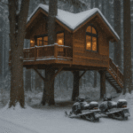 There are so many types of treehouse stays - off-grid, luxury, or just plain rustic. Image of a treehouse deep in the woods with warm lighting coming from inside, and snow on the ground, with 2 snowmobiles ready for adventure.