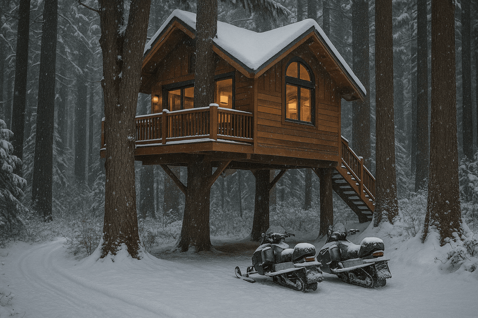 There are so many types of treehouse stays - off-grid, luxury, or just plain rustic. Image of a treehouse deep in the woods with warm lighting coming from inside, and snow on the ground, with 2 snowmobiles ready for adventure.