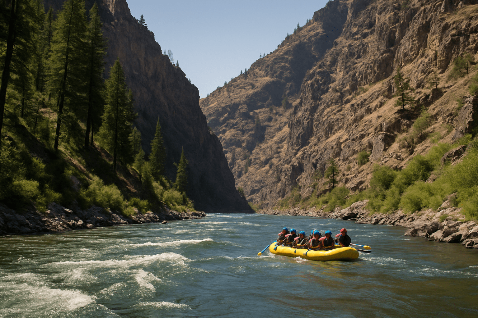 White water rafting adventure on river in scenic canyon, the perfect vacation for a digital detox