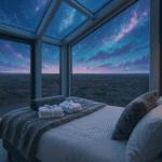 Glass Cottages of Iceland overlooking the lava fields from the inside of the cottage, to a romantic purple sky and clouds in the early evening.