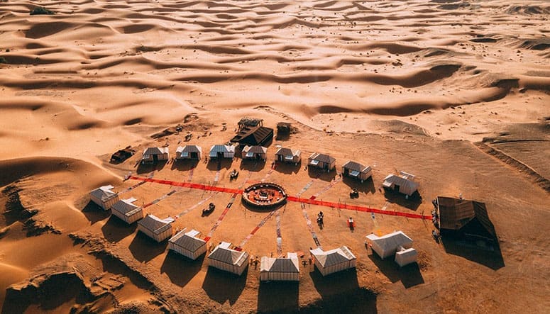 Luxury desert tents main camp from above at Desert Luxury Camp in Morocco.