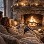 Best Cabin Stays for Cozy Travel: A couple cozied up on the couch with a blanket in front of the fireplace and outside, the window, it's snowing