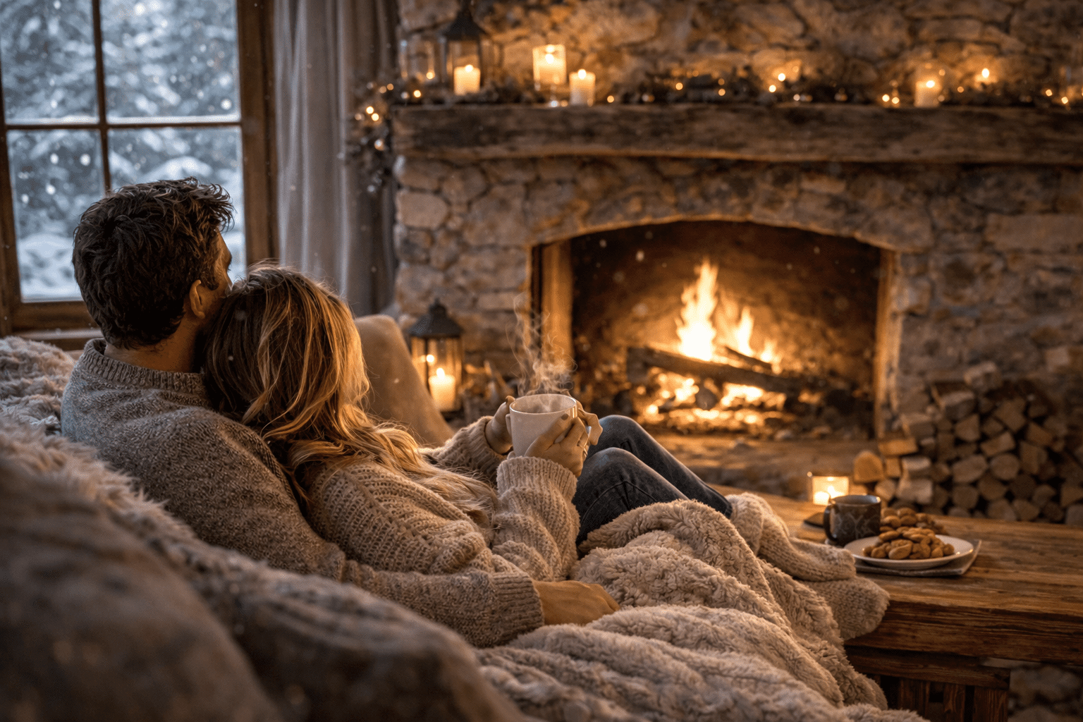Best Cabin Stays for Cozy Travel: A couple cozied up on the couch with a blanket in front of the fireplace and outside, the window, it's snowing