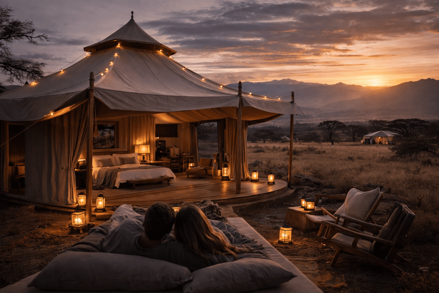 luxury tented camps around the world : Cozy tent at sunset, romantic ambiance