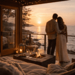 Romantic Oceanfront Escapes for Couples Who Want Space, Calm, and Connection - a gorgeous cain with big windows overlooking the ocean, a couple standing arm in arm looking out