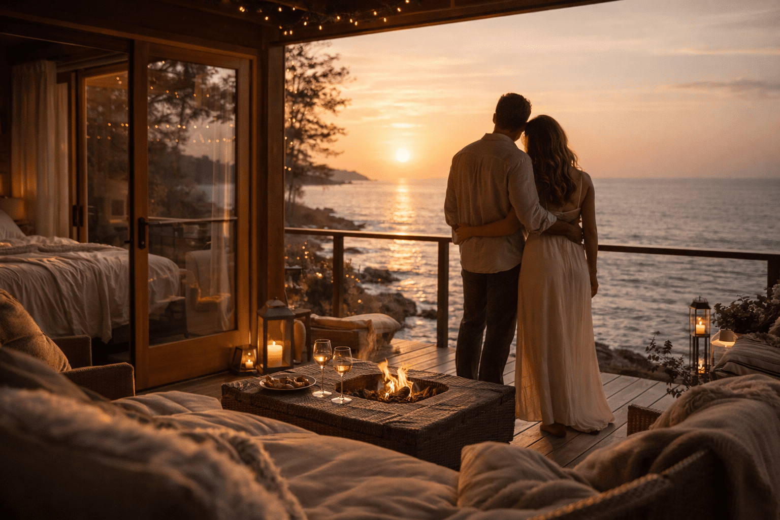 Romantic Oceanfront Escapes for Couples Who Want Space, Calm, and Connection - a gorgeous cain with big windows overlooking the ocean, a couple standing arm in arm looking out