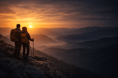Best Cabin Stays for Cozy Travel: A couple cozied up on the couch with a blanket in front of the fireplace and outside, the window, it's snowing