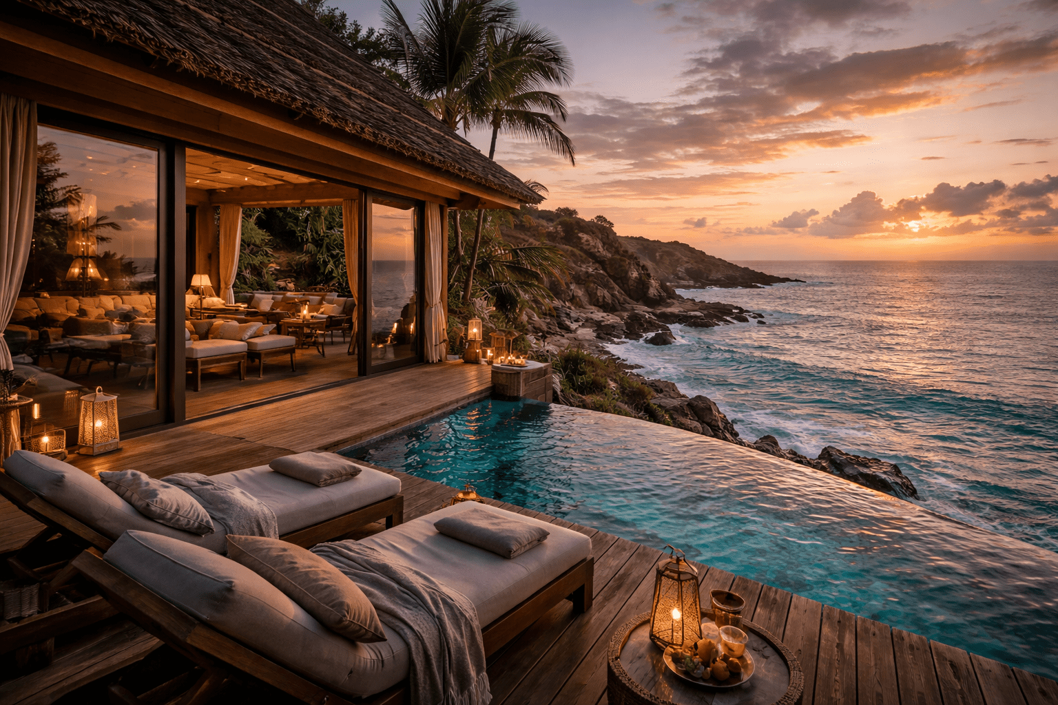 Couple on cliff / ocean edge facing outward toward the sunrise, the light beaming through the clouds on a wide open coastal landscape