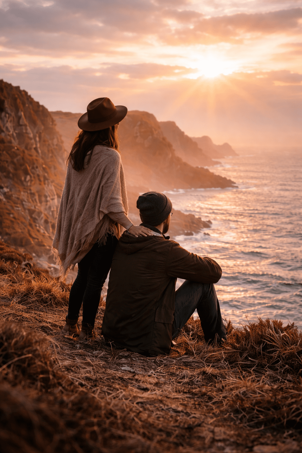 Couple at sunrise on coastal cliffs Person alone on cliff / desert / ocean edge<br />
facing outward (not camera)<br />
wide open landscape