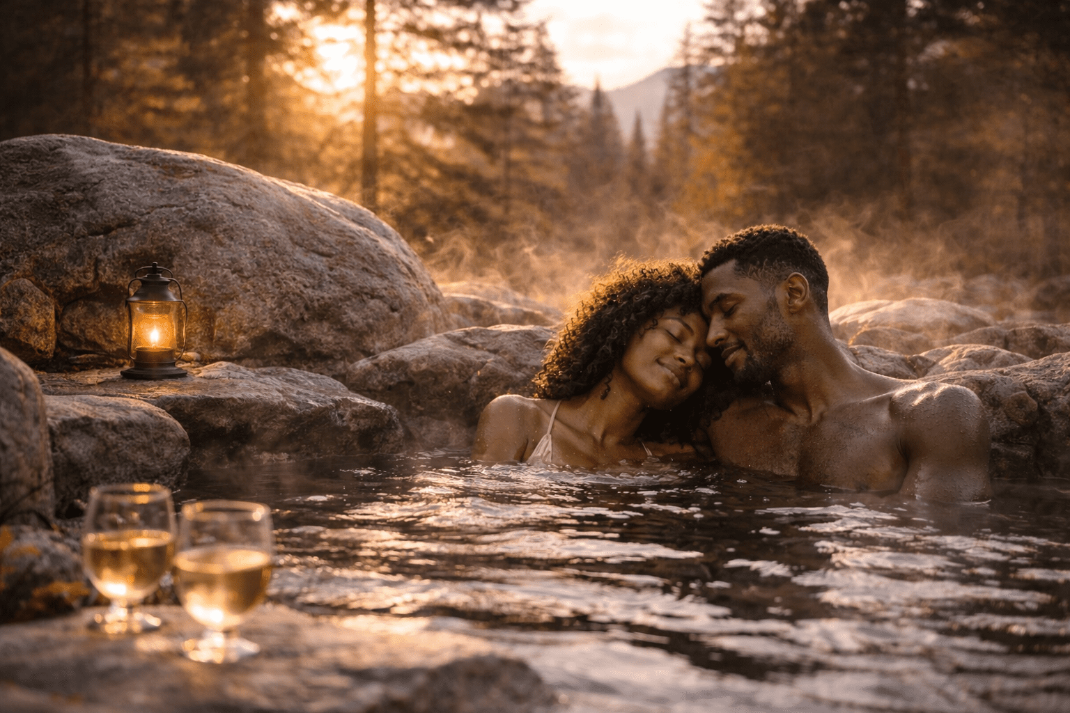 Travel based on how you want to feel: an image of a couple staying at a cabin, she is leaning against the door with a cup of steaming coffee, he is sitting out on the porch, both completely relaxed