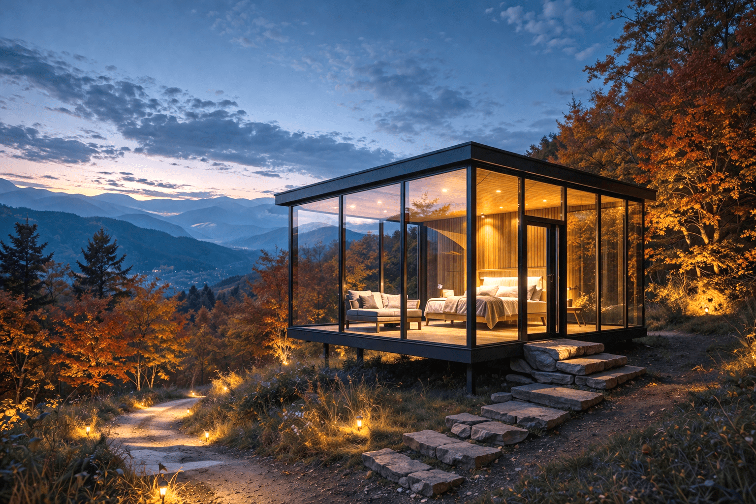 Glass Cabin Blue Hour 1