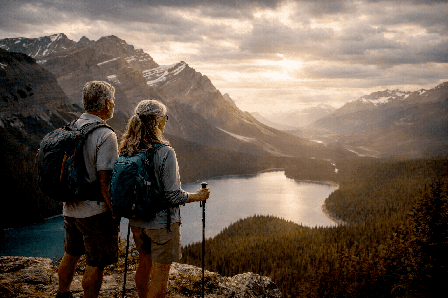 Gen Z and Millennial Travel: a couple enjoying a mountain view in Banff, Canada, wearing backpacks, looking for experiential travel