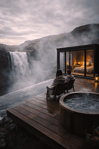 Couple relaxing by waterfall retreat.
