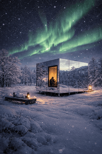Northern Lights over mirrored cabin