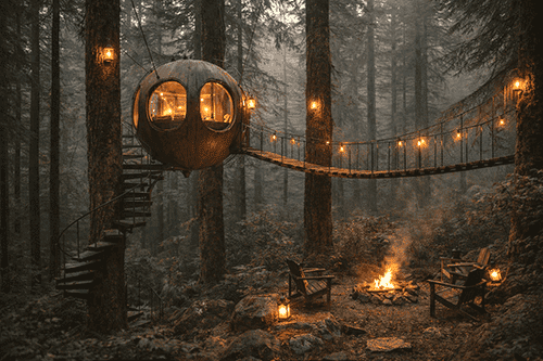 Round Treehouse in the misty forest