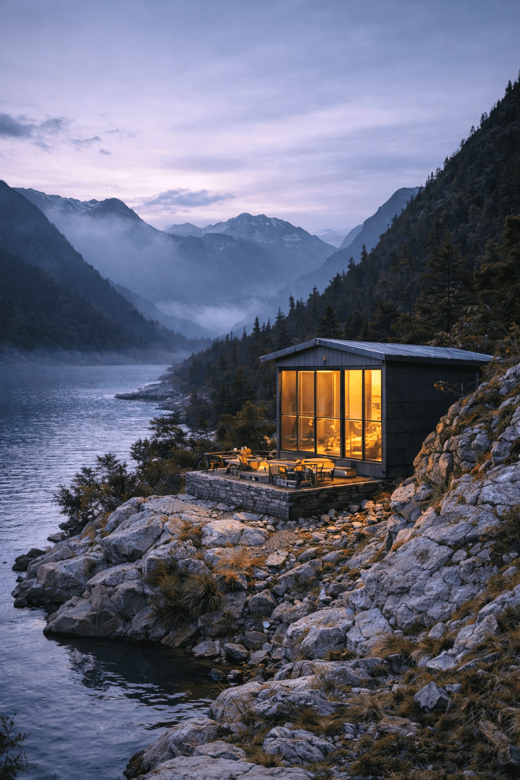 Twilight retreat by the misty lake Twilight retreat by the misty lake