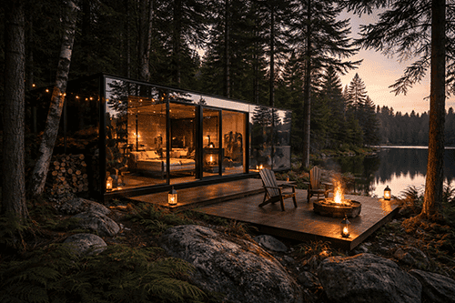 Twilight serenity at the mirrored cabin