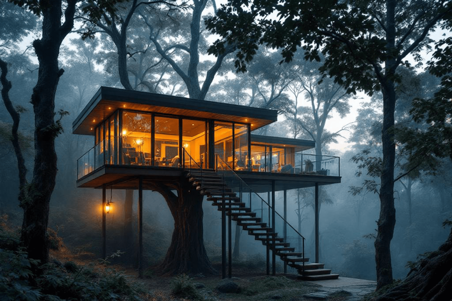 Romantic Treehouse Getaways for Couples - a treehouse in the misty forest
